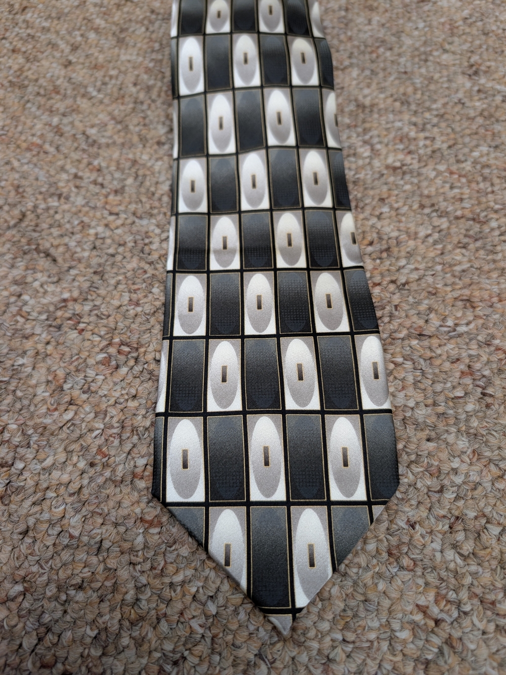 VTG Bergamo New York Geometric Silk Tie Handmade Black Gray Gold Mod MCM